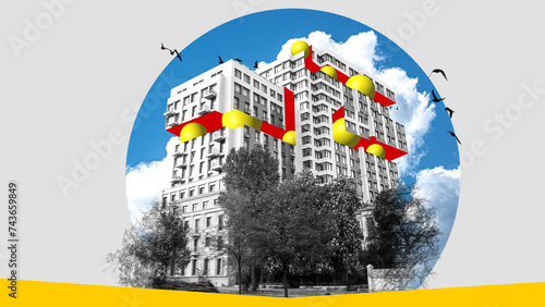 Canvas Print Black and white building with yellow and red accents, blue sky backdrop, and silhouettes of birds in flight