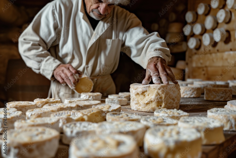 Traditional cheese maker aging rounds of cheese in a cellar, monitoring humidity and temperature for perfect maturation Traditional cheese maker aging rounds of cheese in a cellar, monitoring humidity and temperature for perfect maturation