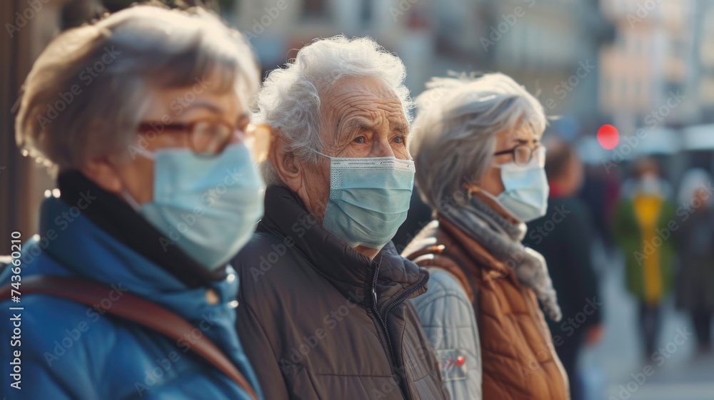 Virus outbreak, elderly people in protective masks on a busy city street Virus outbreak, elderly people in protective masks on a busy city street