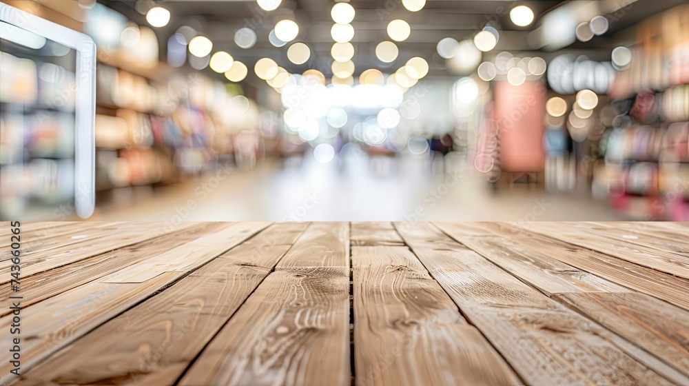 Empty beautiful wood table top counter and blur bokeh modern shop interior background in clean and bright,Banner, Ready for product montage - generative ai Empty beautiful wood table top counter and blur bokeh modern shop interior background in clean and bright,Banner, Ready for product montage - generative ai