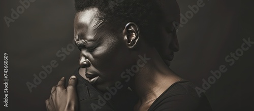 A black woman with her face painted in black and white provides comfort to a consoling crying, depressed man.