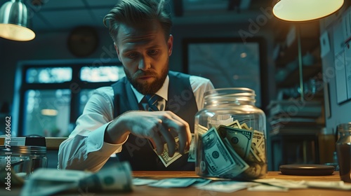 Focused businessman counting money at desk in dark office. financial concept with a stylish man. saving and investment theme. cinematic lighting. AI