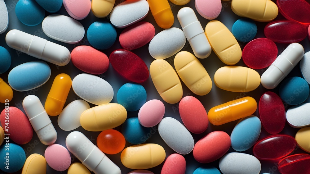 Fill the view of different coloured pills and capsules. Medical care concept. Generative AI Fill the view of different coloured pills and capsules. Medical care concept. Generative AI