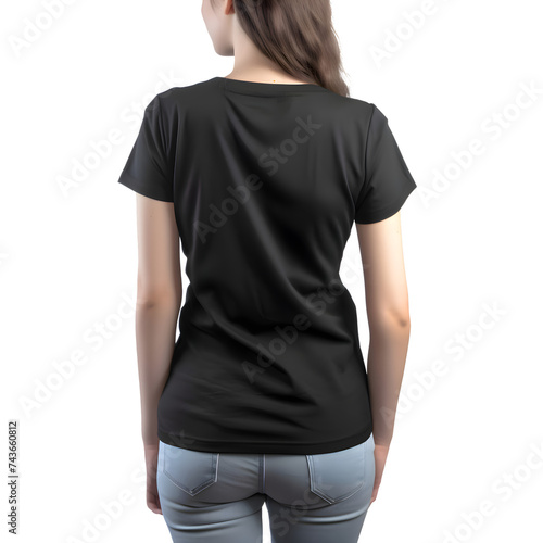 back view of woman in blank black t shirt isolated on white