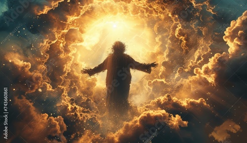 Man reaching out of the clouds and embracing jesus from afar