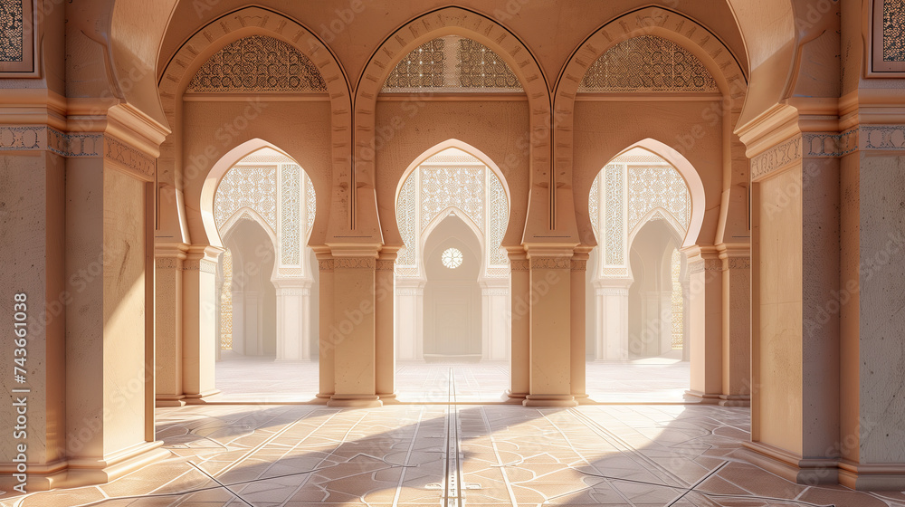 islamic arched room with sun lights. ramadan kareem banner background. ramadan kareem holiday celebration concept