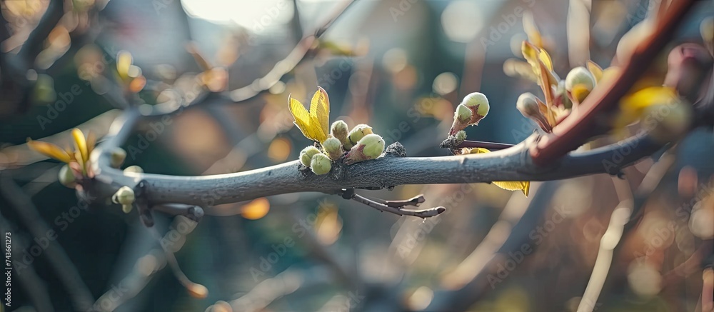 A detailed view of a tree branch with small buds emerging, showcasing the natural process of growth and renewal in a spring garden setting. Pruning clippers can be seen trimming the branch, aiding in - obrazy, fototapety, plakaty 
