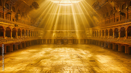 Grand Interior of an Ancient Opera House. Empty Seats and Ethereal Light in a Historic Building