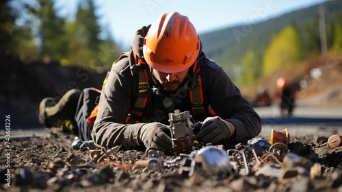International Workers' Day Scene: Helmeted Worker Amid Tools in Documentary Photography