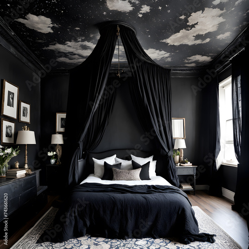 interior of a boho bedroom with black walls  photo