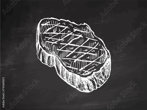Organic food. Hand-drawn vector sketch of ribeye steak, beef steak, piece of meat. Doodle vintage illustration on chalkboard background. Decorations for the menu of cafes and labels.