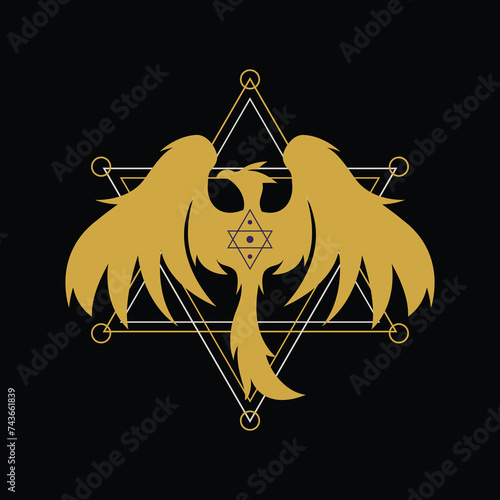 Abstract, Simple, Modern, Elegant, Esoteric, Geometric, Gold Colored Phoenix Symbol Logo Design Vector