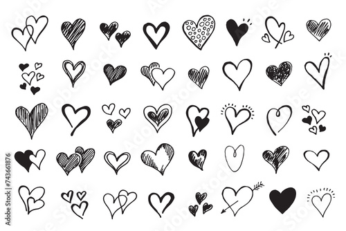 collection doodle set of hand drawn scribble hearts isolated on white background. Valentine card