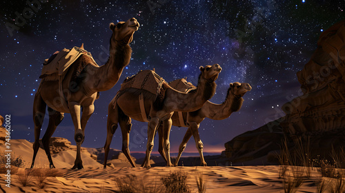 three camels walking in desert at night with starry sky