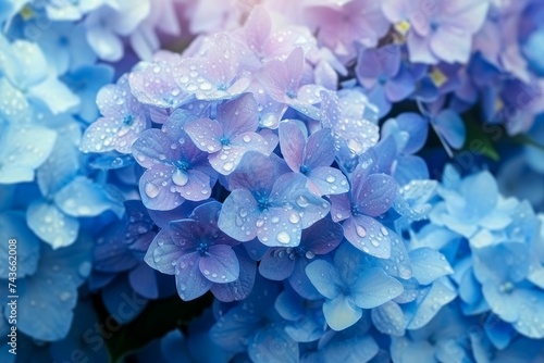 Blue Hydrangea Hydrangea macrophylla or Hortensia flower with dew in slight color variations ranging from blue to purple. Shallow depth of field for soft dreamy feel. generative ai.