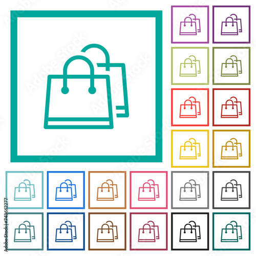 Two shopping bags outline flat color icons with quadrant frames