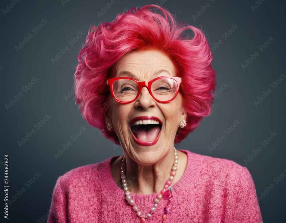 Crazy granny with glasses and pink hair is laughing with her mouth wide open