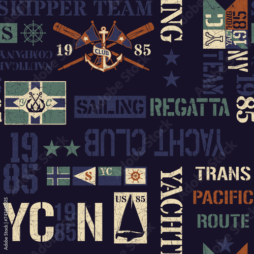 Nautical marine sailing elements patchwork wallpaper abstract vintage vector seamless pattern grunge effect in separate layer