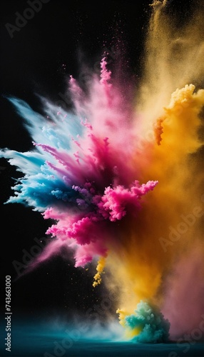 "Chromatic Chaos: Explosive Color Powder on Gradient Background, Fading from Black to White in Stunning Display"