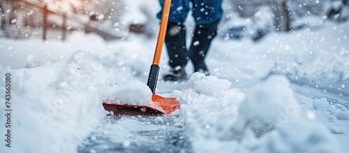 A person is vigorously shoveling snow from a path during a blizzard using a snow shovel. The scene shows the individual battling the heavy snowfall to clear the way.
