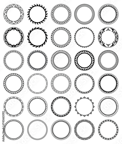 Big set of Round geometrical maori border frame design. Simple. Black and white collection. African, maya, aztec, ethnic, tribal style.