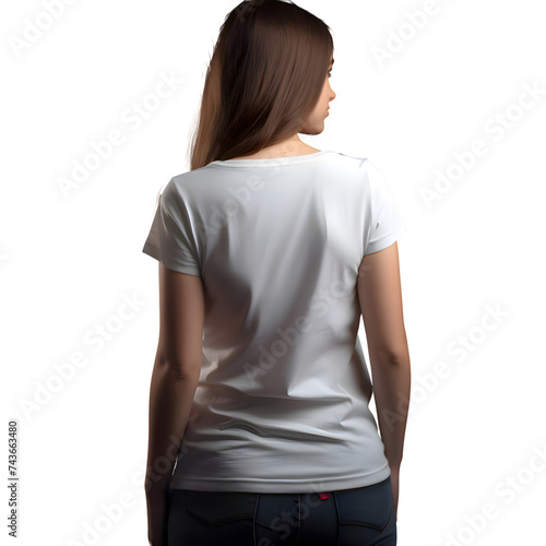 back view of woman in blank white t shirt on black background