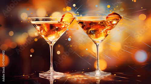 Glowing cocktail glasses with a twist of orange and magical sparkles, ideal for festive celebrations or culinary themes.