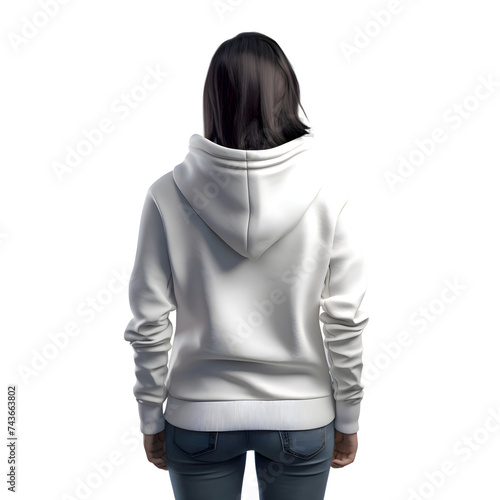 Young woman in a white hoodie on a white background. Back view