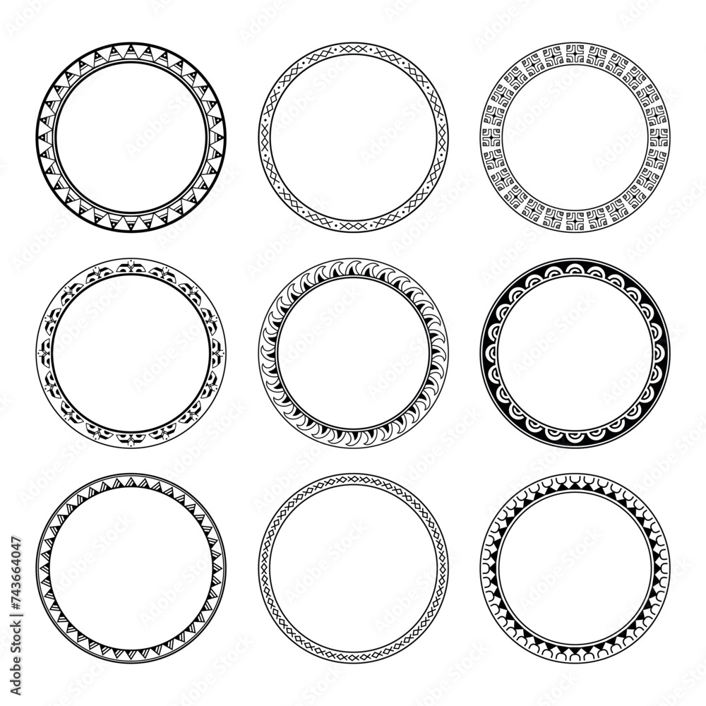 set of Round geometrical maori border frame design. Simple. Black and white collection. African, maya, aztec, ethnic, tribal style. set of Round geometrical maori border frame design. Simple. Black and white collection. African, maya, aztec, ethnic, tribal style.