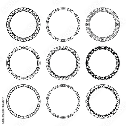set of Round geometrical maori border frame design. Simple. Black and white collection. African, maya, aztec, ethnic, tribal style.