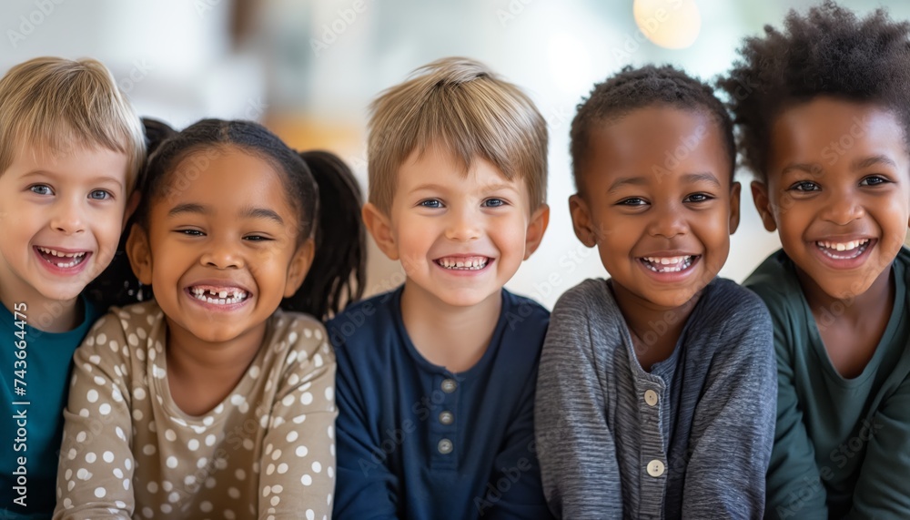 Joyful Group of Diverse Children Smiling Together in a Bright Classroom Joyful Group of Diverse Children Smiling Together in a Bright Classroom