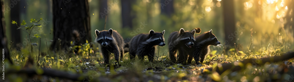 Obraz premium Racoon dog family in the forest with setting sun shining. Group of wild animals in nature. Horizontal, banner.
