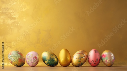Variety of hand-painted Easter eggs against a golden backdrop, showcasing the beauty and tradition of Easter decorations