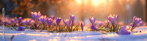 Colorful crocus flowers and grass growing from the melting snow and sunshine in the background. Concept of spring coming and winter leaving.
