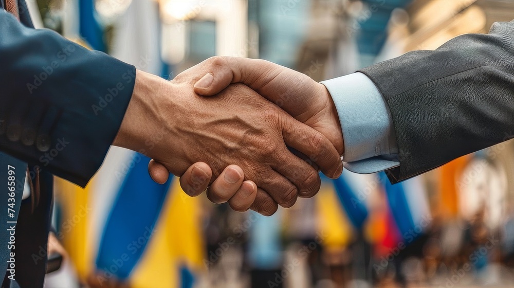 Businessmen Shaking Hands in Front of American Flags in a Symbolic Business Deal Businessmen Shaking Hands in Front of American Flags in a Symbolic Business Deal