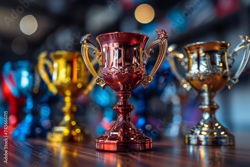 A row of shining trophies on a table with a blurred light background
