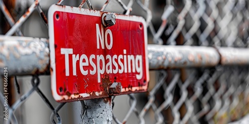 Weathered No Trespassing sign hangs on a rusty chain-link fence with a strong message photo