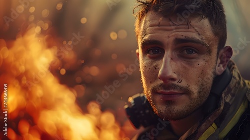 Portrait of a brave firefighter in action, gaze holding stories of courage and heroism amidst flames. AI