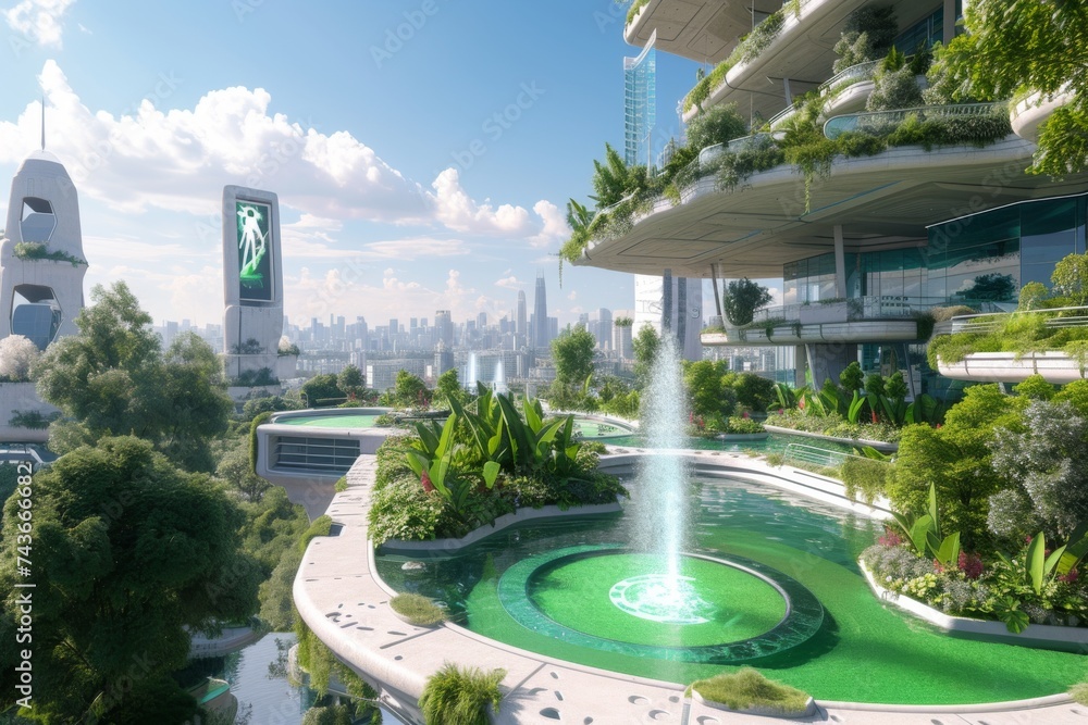 Futuristic Eco-Friendly High-Rise with Water Feature and City View.