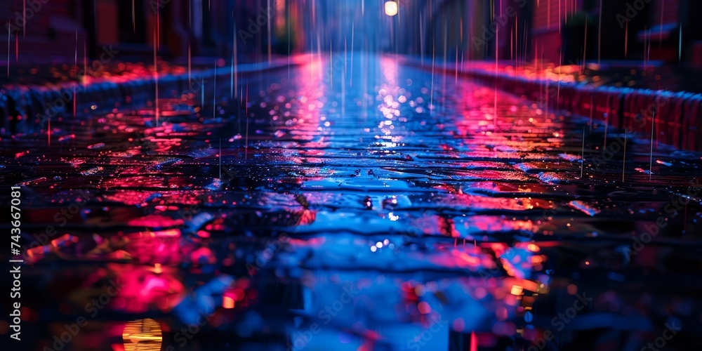 Vibrant blue and magenta lights reflecting on wet streets of the nocturnal city - obrazy, fototapety, plakaty 