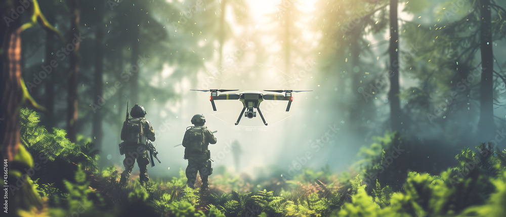Fototapeta premium soldiers launching a drone in an outdoor setting, showcasing the precision and expertise involved in the operation