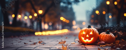 Scary Halloween pumpkins on the ground. Helloween background photo