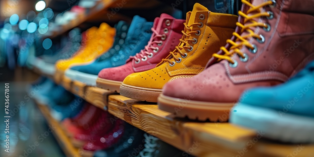 A modern shoe store sells fashionable leather shoes of different styles.