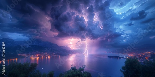 Dramatic summer storm with lightning lighting up the dark sky over the sea.