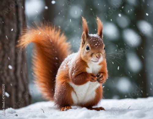 Red squirrel sitting on snow next to tree