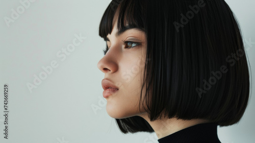portrait en gros plan d'une jeune femme brune avec une coupe au carré court, fond studio neutre 