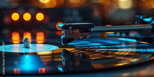 Analog music's beauty captured in a detailed image of a turntable needle on vinyl photo