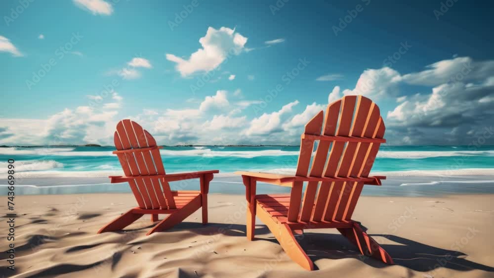 Two wooden chairs on sandy beach, ideal for travel brochures Two wooden chairs on sandy beach, ideal for travel brochures
