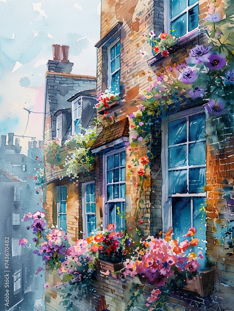 London streets with windows and houses and flowers in watercolor style