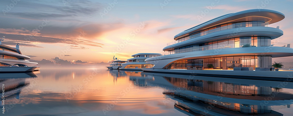 Luxurious yacht club at golden hour sleek yachts mirrored in the calm waters a symbol of serene opulence - obrazy, fototapety, plakaty 